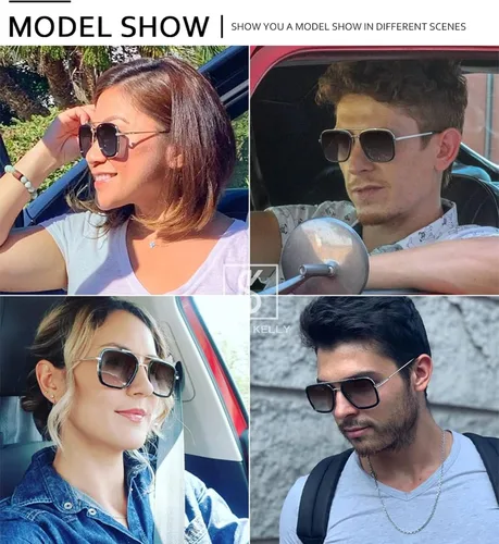 Vista 2 de SHEEN KELLY Trendy Square Pilot Sunglasses Men Women Vintage Rectangular Metal Frame Shades Eye Glasses Tony Stark