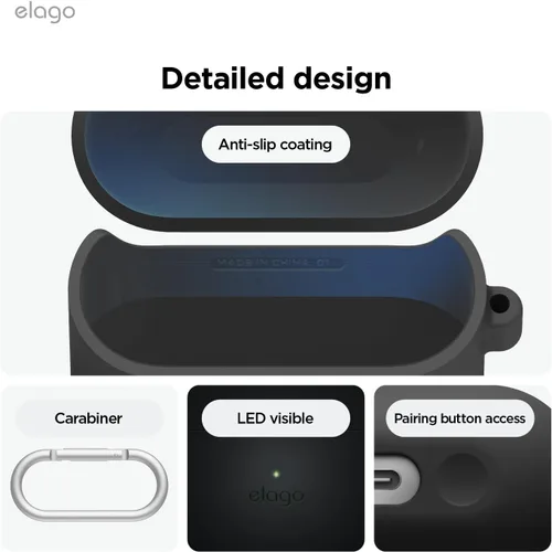 Vista 5 de elago Compatible con Samsung Galaxy Buds 3 Pro y 3 y 3 FE, funda de silicona de alta calidad con mosquetón, protección completa, carga inalámbrica