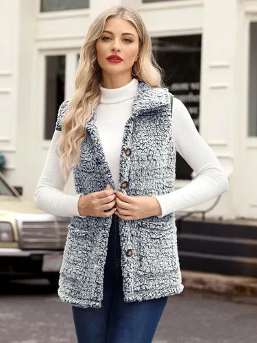 Vista 2 de Spadehill Chaleco de forro polar para mujer, chaleco de solapa cálido para otoño e invierno