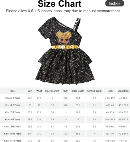 Vista 7 de L.O.L. Surprise! Vestido escalonado con estampado de figura de un hombro para niñas, vestido casual fluido, talla 6-12, Negro