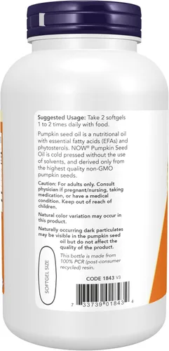 Vista 3 de NOW Suplementos, aceite de semilla de calabaza 1000 mg con ácidos grasos esenciales y fitoesteroles, prensado en frío, 200 cápsulas blandas