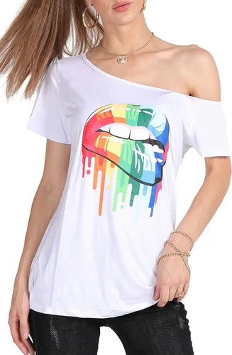 Vista 49 de MAGICMK - Camiseta casual para mujer, con estampado de labios y hombro descubierto, talla extragrande