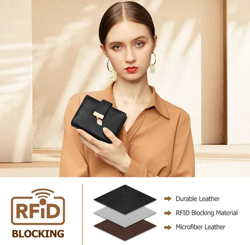 Vista 4 de HUANLANG Carteras pequeñas para mujer, con bloqueo Rfid, de cuero, plegable, tarjetero para tarjetas de crédito, cartera para mujer, bolsillo