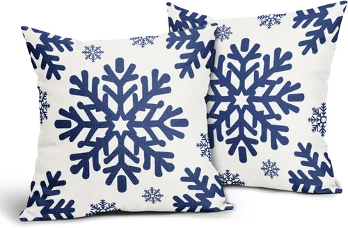 Vista 153 de Fundas de almohada decorativas de Navidad negras 40x40 cm con copos de nieve blancos de Navidad, juego de 2, temática rústica de invierno
