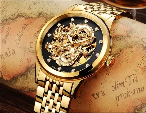 Vista 3 de Gosasa Reloj de oro mecánico de lujo con esfera tallada para hombre 'Dragon Collection