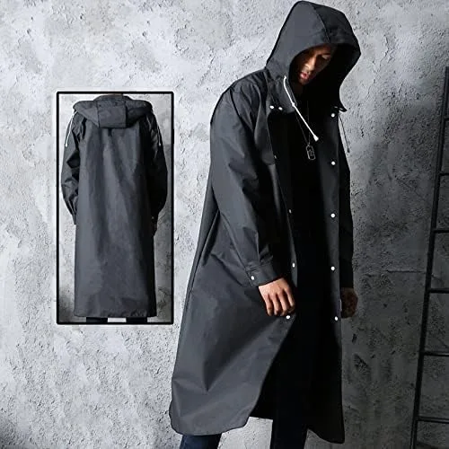 Vista 4 de Chubasquero largo impermeable con capucha para hombre, color negro, para senderismo al aire libre