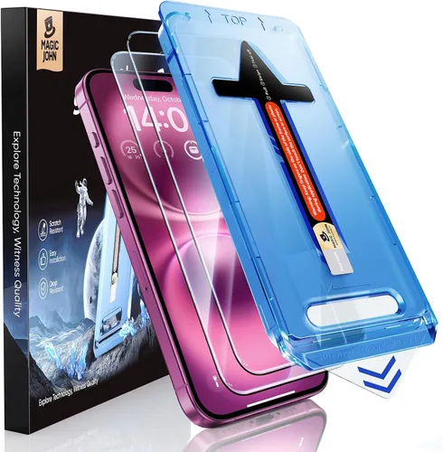 Vista 8 de MAGIC JOHN Paquete de 2 protectores de pantalla de vidrio templado para iPhone 16 de 6.1 pulgadas (no Pro), eliminación automática de polvo, sin