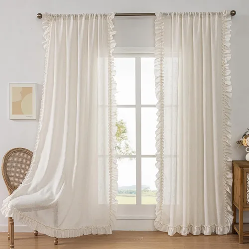 Vista 23 de TERLYTEX Cortinas de encaje de lino de 96 pulgadas de largo 2 paneles, 42 x 96 pulgadas, cortinas con volantes estilo granja para sala con bolsillo