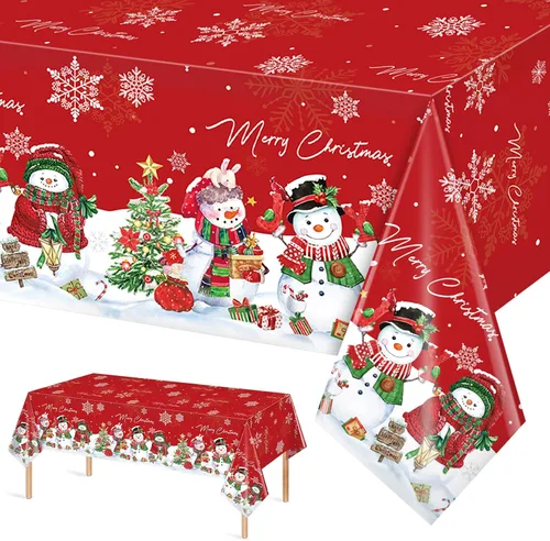Vista 10 de FunnyPars 3 piezas manteles de muñeco de nieve navideños de plástico, cubierta de mesa de invierno con copos de nieve y árbol de Navidad