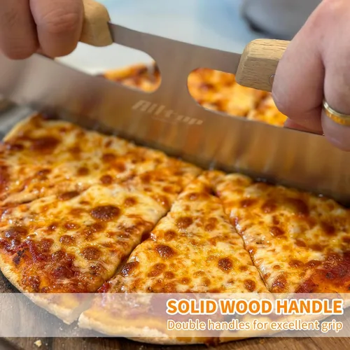 Vista 4 de ALLTOP Cortador de Pizza Basculante, Cuchillo de Hoja de Acero Inoxidable con Doble Mango de Madera y Cubierta de Plástico, Rebanadora/Picadora