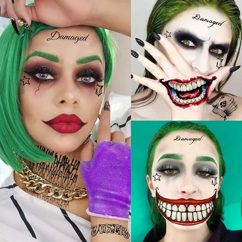 Vista 6 de EGMBGM 5 hojas de tatuajes temporales de Joker 3D para hombres, mujeres y adultos, kit de maquillaje de Halloween, payaso fantasma, sonrisa