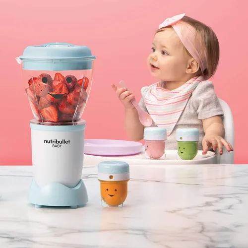 Vista 5 de NutriBullet NBY-50100 Sistema completo de fabricación de alimentos para bebés, 32 onzas, blanco, azul, transparente