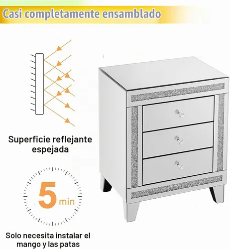 Vista 6 de Henf Mesita de noche plateada con espejo totalmente montada con 3 cajones, mesa auxiliar de espejo con perilla de cristal, mesa auxiliar