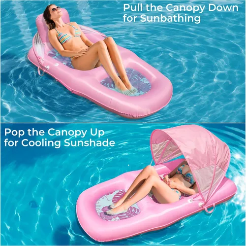 Vista 9 de Fabric Covered Inflatable Pool Lounger Float Adult, 70"x39" Extra Large Pool Float w/ UPF50+ Sunshade Canopy & Cupholder Caddy, Water Floaties Raft