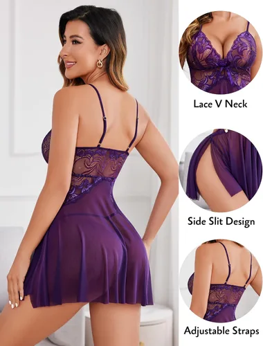 Vista 2 de Avidlove Lencería de encaje para mujer, babydoll sexy, camisa tipo chemise, camisón exótico para novia, camisón nupcial