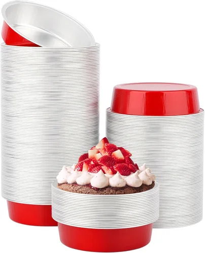 Vista 23 de Beasea Paquete de 100 moldes desechables para hornear de 4 pulgadas, 7.3 onzas, 7.3 fl oz / 215ml, papel de aluminio, mini ramequín sin tapas
