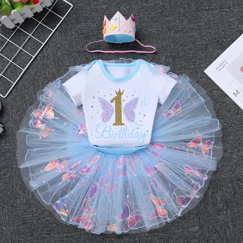 Vista 2 de ODASDO Conjunto de 3 piezas de mameluco de manga corta de algodón con estampado de flores, falda tutú, corona y diadema