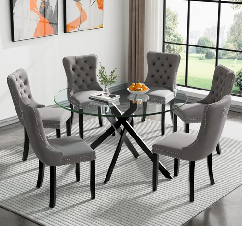 Vista 11 de Juego de mesa de comedor SSLine moderno de 3 piezas con mesa redonda de vidrio para 2, lujosa mesa de comedor circular de 36" con tapa de vidrio