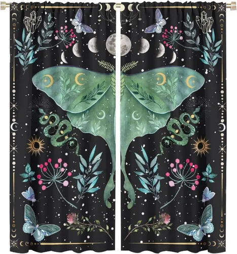 Vista 15 de Cortinas de mariposa de fantasía, polilla, sol, luna, estrella, arte floral, estampado floral, bolsillo para barra, cortinas opacas para ventana