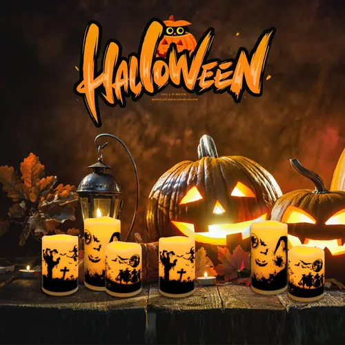 Vista 8 de fclayvts Paquete de 12 Velas de Pilar LED Sin Llama de Halloween - Funcionan con Baterías con Control Remoto y Temporizador, Luz Cálida Parpadeante