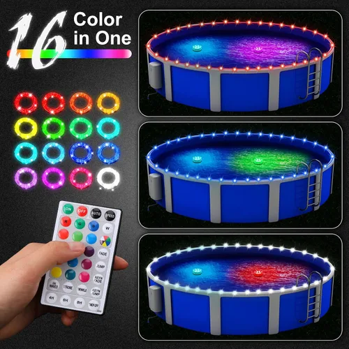 Vista 3 de Luces LED de 39.4 pies para piscinas sobre el suelo, iluminación de borde impermeable para piscinas de 12 pies, 2 paquetes de luces sumergibles
