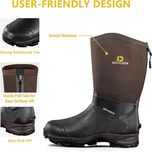 Vista 4 de DRYCODE Rubber Boots for Men, 5.5mm Neoprene Mid Calf Rain Boots, Durable Waterproof Hunting Boots(Brown & Camo, Size 6-14)