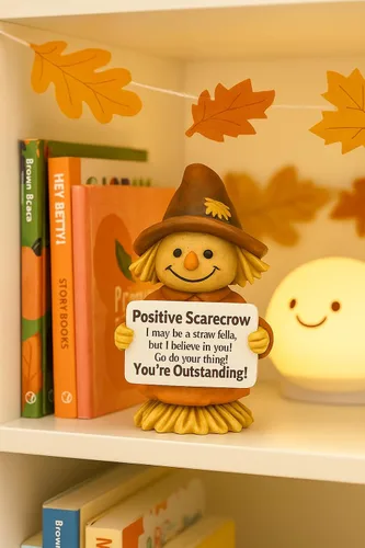Vista 2 de iStatue - Estatua positiva de espantapájaros de otoño – 12 cm de alto, hecha a mano, de resina, decoración de Acción de Gracias con letrero