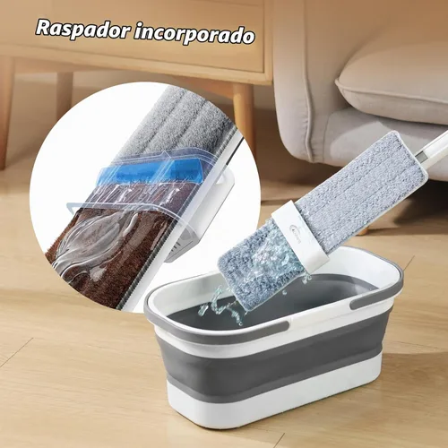 Vista 2 de Oshang Trapeador plano y cubo plegable OG7 con ruedas, 2 almohadillas de microfibra lavables reutilizables, color blanco puro
