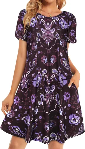 Vista 12 de Vestidos de verano para mujer, informales, holgados, estilo camiseta, florales, de manga corta, con vuelo y bolsillos, para la playa