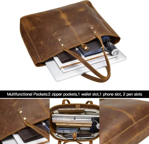 Vista 4 de Bolso de hombro de cuero completo para mujer, bolso grande de trabajo para hombres y mujeres, bolso de hombro de negocios, bolso vintage marrón