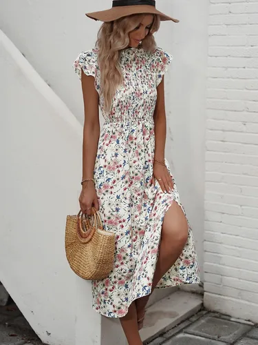 Vista 4 de Milumia Vestido midi fluido con mangas casquillo fruncidas y cuello con lazo y dobladillo con volantes para mujer