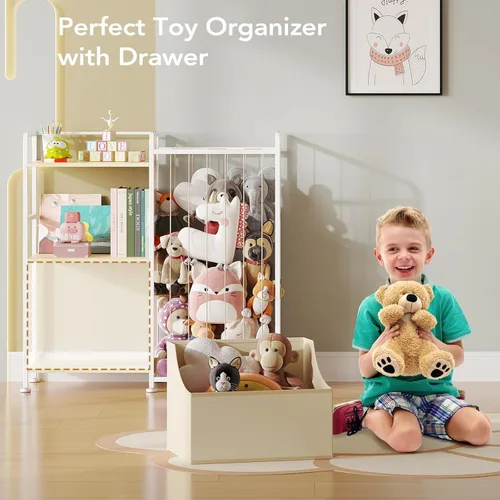 Vista 4 de BBLIKE Almacenamiento de Animales de Peluche - Red de Animales de Peluche con Estantería para Niños y Organizador de Juguetes, Estantería Blanca