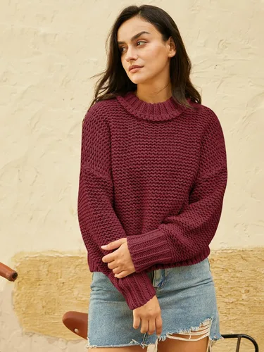 Vista 3 de DEEP SELF Suéter de punto grueso con cuello redondo para mujer, manga larga, holgado, para otoño, color liso