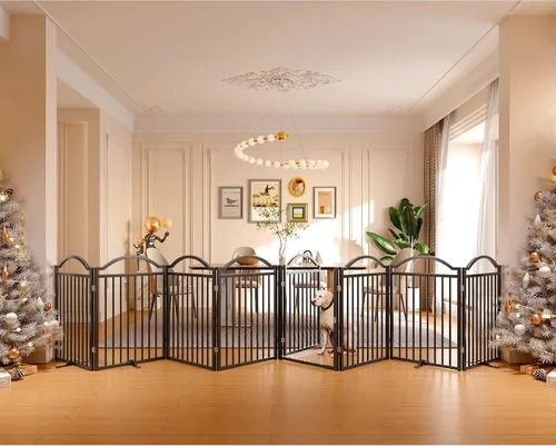 Vista 14 de BHG Puerta independiente de metal para perros sin ensamblaje con puerta a través, extra ancha de 80 pulgadas, puerta extra alta para mascotas de 30