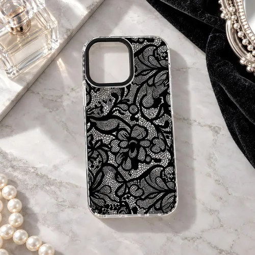 Vista 5 de NITITOP Funda para iPhone 13 Pro con flores de encaje transparente - Negro