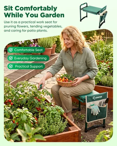 Vista 6 de Saker Taburete de jardín con soporte resistente de 400 libras, asiento de jardín plegable para plantar malezas, prácticos accesorios de jardinería