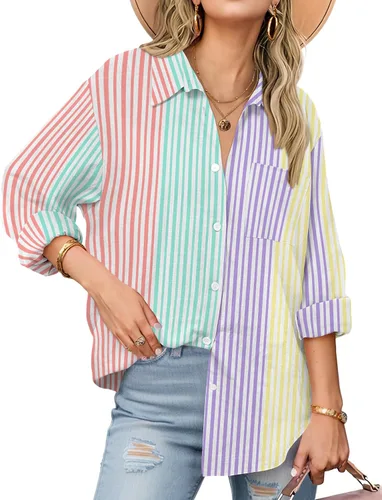 Vista 15 de Zeagoo - Blusas de lino con botones para mujer, de gasa, algodón, manga larga, blusas informales con cuello, corte holgado