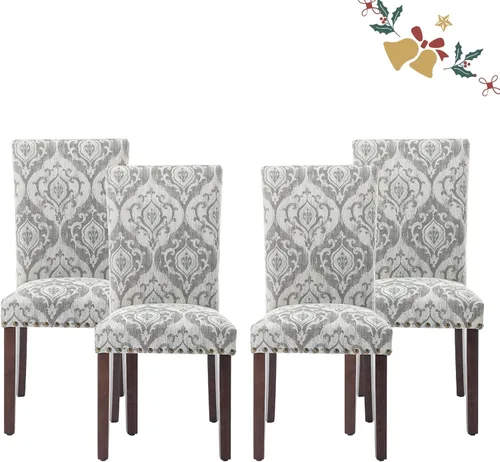 Vista 30 de Juego de 2 sillas tapizadas de tela para comedor, sillas de cocina estilo Parsons con ribete de cabeza de clavo y patas de madera - Beige