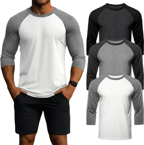 Vista 15 de Huukeay - Paquete de 3 camisas para hombre de 3/4 de manga, cuello redondo, camisetas de béisbol, camisetas atléticas que absorben la humedad
