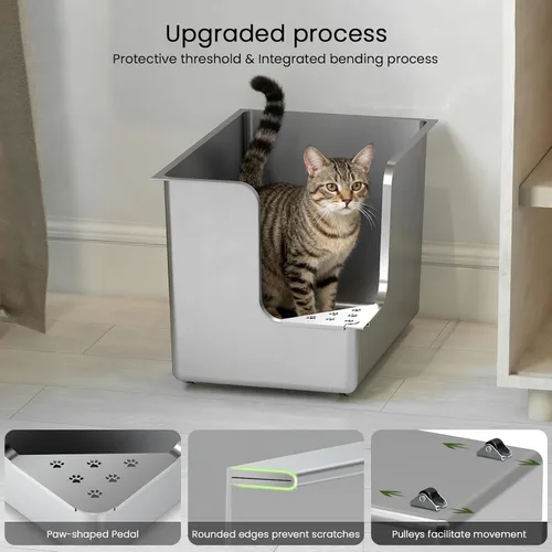 Vista 9 de Caja de arena de acero inoxidable de 11.8 pulgadas de alto, caja de arena de metal XL para gatos, inodoro para mascotas con apertura de esquina