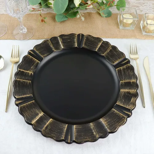 Vista 14 de Efavormart Paquete de 6 Cargadores de Platos de Cena de Plástico Acrílico Beige de 13" con Borde Festoneado Ondulado Cepillado en Dorado