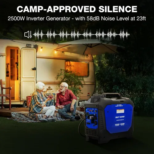 Vista 7 de BILT HARD Generador de gas de 2500 W, generador inversor silencioso de 4 tiempos de 80 cc con sensor de CO, listo para paralelo, receptáculo dúplex