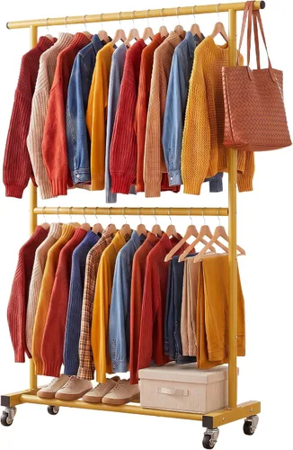 Vista 10 de Sywhitta Perchero de ropa de doble barra, organizador de ropa con ruedas para colgar ropa, fácil de montar, ajustable, negro (paquete de 2)