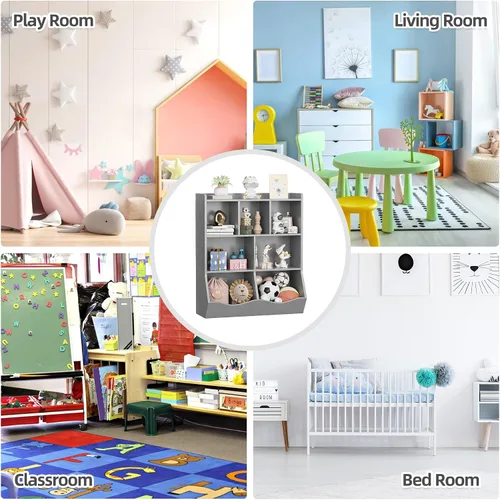 Vista 5 de Estantería infantil de tres niveles y organizador de almacenamiento de juguetes, estantería multifuncional con 5 cubos abiertos y 2 cajas inclinadas
