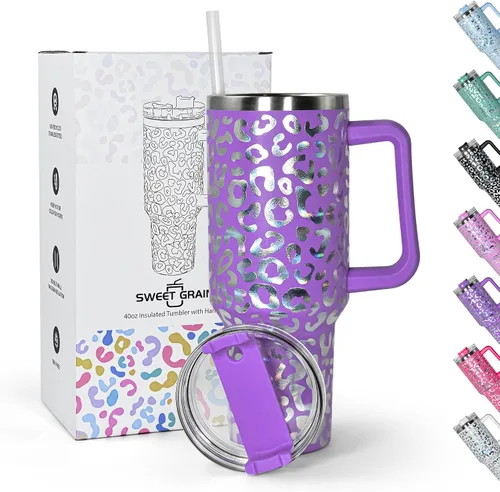 Vista 8 de Sweet Grain - Vaso de 40 onzas con asa y pajita, mantiene las bebidas frías hasta 24 horas, vaso aislado al vacío de acero inoxidable con diseño