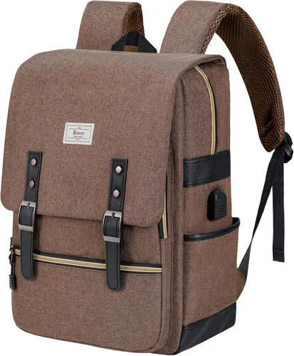 Vista 7 de Ronyes - Mochila vintage para laptop para mujeres y hombres, de 15.6 pulgadas, mochila casual de día con puerto de carga USB para trabajo