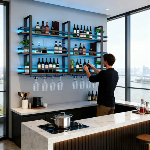 Vista 3 de Estante para vino montado en la pared con luces LED, estantes flotantes de 3 niveles de licor de metal, con estante para copas de vino, estante