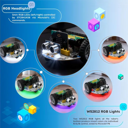 Vista 7 de Coche inteligente Micro:bit con tutorial detallado de programación gráfica y microPython de MakeCode, seguimiento de línea IR y módulos de luz RGB