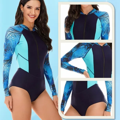 Vista 4 de Womens Rash Guard Long Sleeve Bathing Suit - Zip Front One Piece Swimsuit with Tummy Control Built in Bra UPF 50