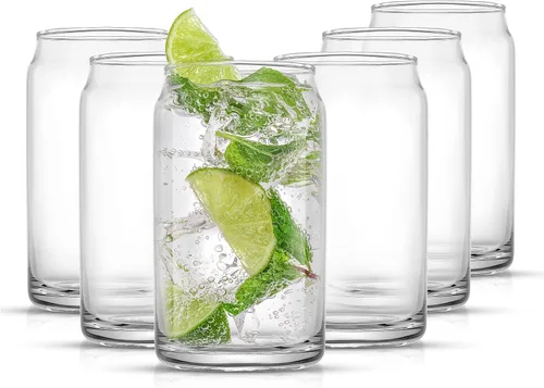 Vista 8 de JoyJolt Juego de vasos de vidrio para beber de 6 a 16 onzas. Vasos de vidrio con forma de lata de soda transparente, lindos vasos de taza de café